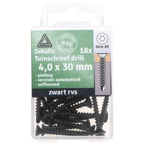 Deltafix spaanplaatschroef platkop Torx met nibs boorpunt zwart gecoat RVS 410 4.0x30 mm blister 18 stuks 64078