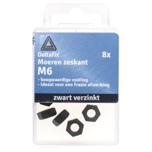 Deltafix moer zeskant zwart verzinkt M6 DIN 934 blister 8 stuks 64363