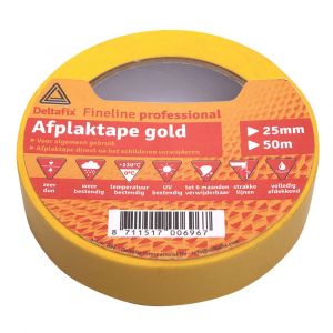 Deltafix afplaktape zelfklevend fineline gold met label geel 50 m x 38 mm 697