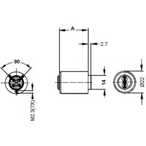 Evva meubelcilinder 27 mm lang 3KS diameter 22 mm keersleutel verschillend sluitend messing vernikkeld MR22-27-3KS-NI