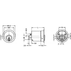 Evva meubelcilinder 26 mm lang NL diameter 25 mm stiftsleutel conventioneel plan messing vernikkeld MRL25-26-NL-HS