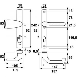 AXA Premium smal veiligheidsbeslag kruk Wing met Flow PC 92 anti-kerntrek 6762-43-11/92