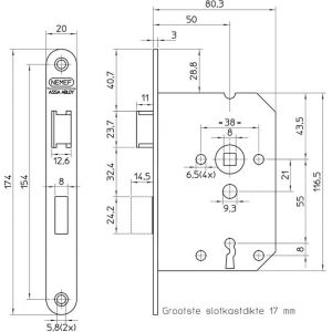 Nemef deurslot klaviersleutel 1266/4-50/1250 DR draairichting 1+3 bulk per 10 9126604581