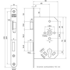 Nemef deurslot 1769/03-65 DR draairichting 2+4 bulk per 25 9176903002