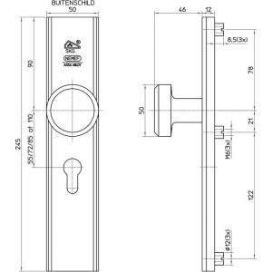 Nemef veiligheidsbeslag F1 knop-kruk 3415-55 mm 9341500550