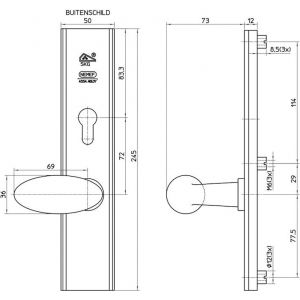 Nemef veiligheidsbeslag F1 Comforte knop-kruk 3480/01-72 mm F1 9348001720