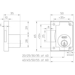 Nemef oplegmeubelslot met cilinder 4146-30 mm cilinder 25 mm 2 sleutels 9414607300