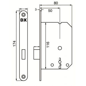 Dulimex DX KS-50-BBSS kastslot doornmaat 50 mm met 2 sleutels ronde voorplaat RVS inclusief rechthoekige sluitplaat 0160.283.5005