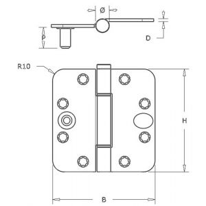 Dulimex DX H165E12895125 nylon glijlagerscharnier 3 mm doorgezette knoop ronde hoeken 125x89 mm verzinkte pen staal verzinkt SKG*** 6712.155.8912-5D