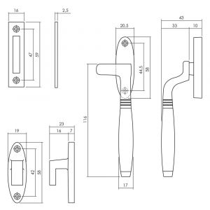 Intersteel Living 5614 raamsluiting Ton links met sluitplaat en sluithaak messing gelakt-ebbenhout 0013.561460B