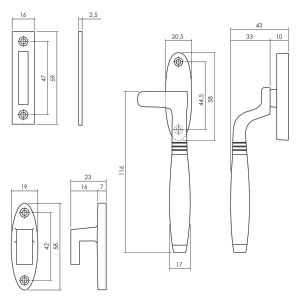 Intersteel Living 5614 raamsluiting Ton rechts met sluitplaat en sluithaak nikkel-ebbenhout 0018.561460A