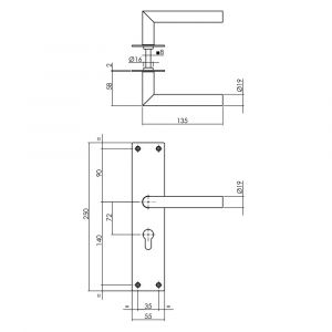 Intersteel Living 0583 deurkruk recht Hoek 90 graden met schild 250x55x2 mm profielcilindergat 72 mm RVS 0035.058336