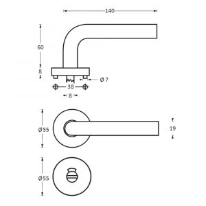 Intersteel Living 1014 deurkruk half rond-Hoek 90 graden op rond rozet met WC 8 mm RVS 0035.101410