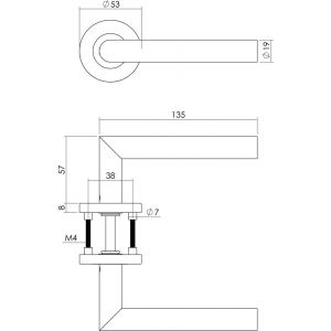 Intersteel Living 1272 deurkruk 1272 rechte Hoek 90 graden op rond rozet staal met 7 mm nok met profielcilindergat plaatje RVS 0035.127205