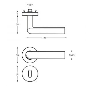 Intersteel Living 1273 deurkruk ovaal Hoek 90 graden op rond rozet staal met 7 mm nok met sleutelgat plaatje RVS 0035.127303