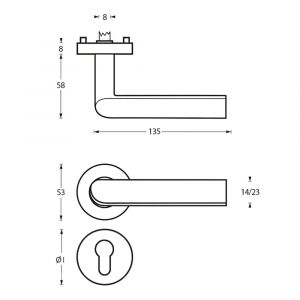 Intersteel Living 1273 deurkruk ovaal Hoek 90 graden op rond rozet staal met 7 mm nok met profielcilindergat plaatje RVS 0035.127305