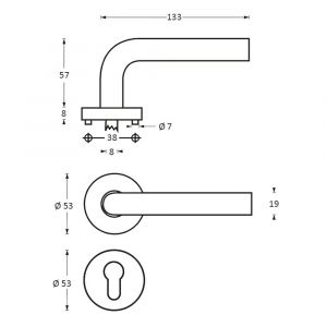 Intersteel Living 1276 deurkruk Lisa 90 graden op rond rozet staal met 7 mm nok met profielcilindergat plaatje RVS 0035.127605