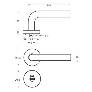 Intersteel Living 1276 deurkruk Lisa 90 graden op rond rozet staal met 7 mm nok met WC 8 mm RVS 0035.127610