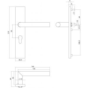 Intersteel Essentials 1307 deurkruk Hoek 90 graden op verdekt schild rechthoek profielcilindergat 55 mm met nokken 7 mm RVS EN 1906/4 klein krukgat 0035.130729