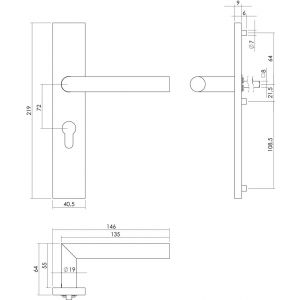 Intersteel Essentials 1307 deurkruk Hoek 90 graden op verdekt schild rechthoek profielcilindergat 72 mm met nokken 7 mm RVS EN 1906/4 klein krukgat 0035.130736