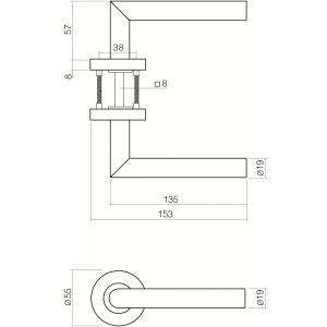 Intersteel Living 1317 deurkruk recht Hoek 90 graden op rond rozet 55 mm plus 7 mm nokken met sleutelgat plaatje RVS EN 1906/4 0035.131703