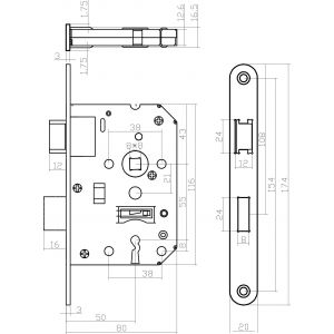 Intersteel Essentials 9542 woningbouw klavier dag- en nachtslot 55 mm voorplaat afgerond RVS 20x174 mm doorn 50 mm met sluitplaat en 2 sleutels 0094.954224