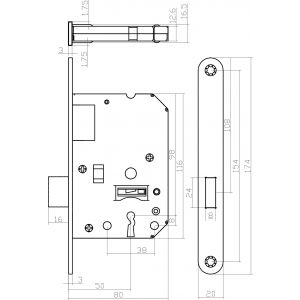 Intersteel Living 9548 woningbouw klavier kastslot 55 mm voorplaat afgerond zwart gelakt 20x175 mm doorn 50 mm met sluitplaat en 2 sleutels 0094.954824