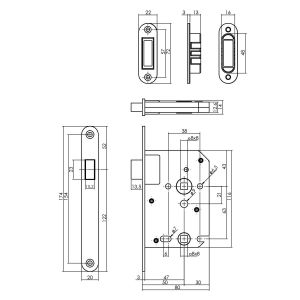 Intersteel Essentials 9570 woningbouw magneet badkamer-toilet slot 63/8 mm voorplaat afgerond RVS 20x174 mm doorn 50 mm met sluitplaat-kom 0094.957065