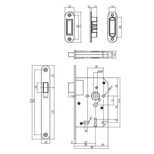 Intersteel Essentials 9571 woningbouw magneet klavier dag- en nachtslot 55 mm voorplaat afgerond RVS 20x174 mm doorn 50 mm met sluitplaat-kom en 2 sleutels industrieverpakking 0094.957124