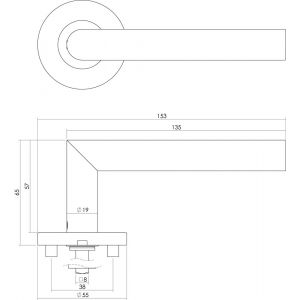 Intersteel Essentials 1012 deurkruk Hoek 90 graden op geveerde kunststof onderrozet diameter 55x8 mm met 7 mm nokken RVS 1235.101202