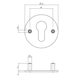 P+E 6812 rozet profielcilindergat rond diameter 55x2 mm met M4 draadbussen RVS geborsteld FP-6812-M00-130
