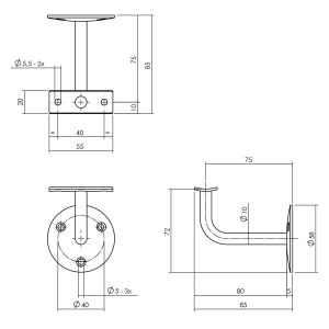 P+E 5872 leuninghouder rond diameter 58 mm opschroevend hol zadel RVS geborsteld LD-5872-010-130
