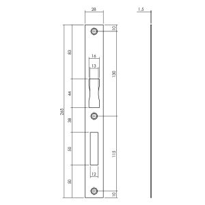 P+E 4021 sluitplaat zonder lip voor projectsloten met dag- en nachtsschoot 265x28 mm RVS geborsteld SL-4021-000-130