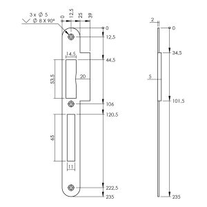 P+E 4081 sluitplaat voor projectsloten met dag- en nachtschoot DIN links 235x25 mm RVS geborsteld SL-4081-000-13L