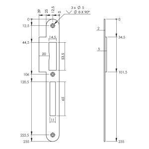 P+E 4081 sluitplaat voor projectsloten met dag- en nachtschoot DIN rechts 235x25 mm RVS geborsteld SL-4081-000-13R