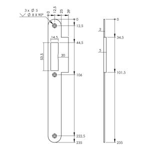 P+E 4082 sluitplaat voor projectsloten met dagschoot DIN links 235x25 mm RVS geborsteld SL-4082-000-13L