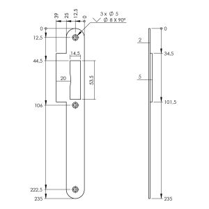 P+E 4082 sluitplaat voor projectsloten met dagschoot DIN rechts 235x25 mm RVS geborsteld SL-4082-000-13R