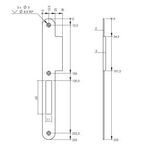 P+E 4083 sluitplaat voor projectsloten met nachtschoot DIN links 235x25 mm RVS geborsteld SL-4083-000-13L
