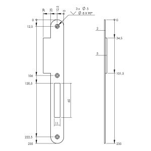 P+E 4083 sluitplaat voor projectsloten met nachtschoot DIN rechts 235x25 mm RVS geborsteld SL-4083-000-13R
