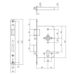 P+E 4520 dag- en nachtslot profielcilindergat 72 mm DIN links met RVS geborstelde voorplaat 235x20 mm SL-4520-000-13L