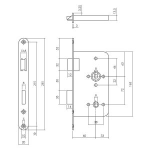 P+E 4550 vrij- en bezetslot WC72 mm DIN rechts met RVS geborstelde voorplaat 235x20 mm SL-4550-000-13R