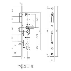 P+E 6720 veiligheidsslot profielcilindergat 92 mm doornmaat 30 mm DIN rechts-links met RVS geborstelde voorplaat 270x24 mm SL-6720-N30-130