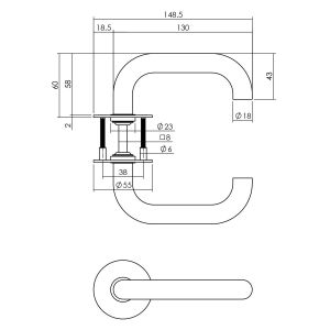 P+E 8118 deurkruk U-model op ronde rozet 8 mm stift RVS geborsteld ZW-8118-A00-130