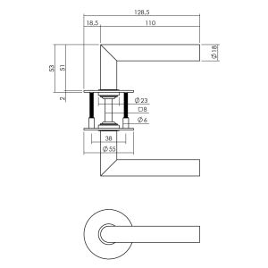 P+E 8673 deurkruk L-model haaks op ronde rozet 8 mm stift RVS geborsteld ZW-8673-A00-130