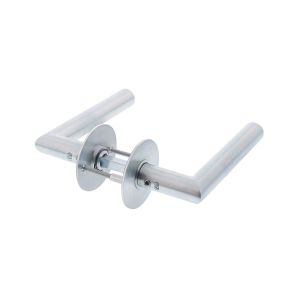 P+E 8673 deurkruk L-model haaks op ronde rozet 8 mm stift RVS geborsteld ZW-8673-A00-130