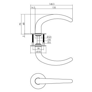 P+E 8698 deurkruk Sabel op ronde rozet 8 mm stift RVS geborsteld ZW-8698-A00-130