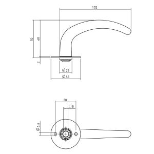 P+E 8698 gatdeel deurkruk Sabel op ronde rozet 8 mm stift RVS geborsteld ZW-8698-A0G-13F