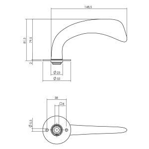 P+E 8699 gatdeel deurkruk 'Erick' op ronde rozet 8 mm stift RVS geborsteld ZW-8699-A0G-13F