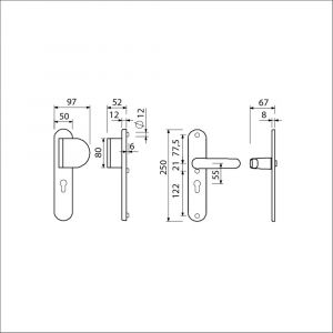 Ami VHB 250/50/1-90/83-378 veiligheids Rotaveer duwer-kruk langschildgarnituur SKG*** Archi Design ovaal VHB 250/50/1 profielcilinder PC 55 deurduwer 90/83 rechts en deurkruk 378 Rota Irox deurdikte 38-42 mm 621501