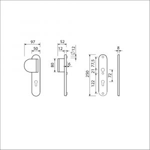 Ami VHB 250/50/1-90/83 veiligheidsvoordeur-duwerlangschildgarnituur SKG*** Archi Design ovaal VHB 250/50/1 profielcilinder PC 72 deurduwer 90/83 links en zonder deurkruk Irox deurdikte 38-42 mm 622450